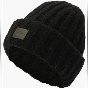 NWT All Saints Logo Patch Wool Blend Beanie ~ Black